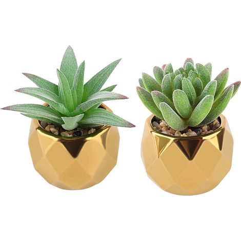 Lot de 2 plantes succulentes artificielles - Plantes décoratives - Petites plantes artificielles en pot en céramique - Pour chambre à coucher, salon, salle de bain et bureau (vert) (1/5)
