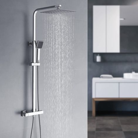Colonne de douche thermostatique effet pluie – Pomme carrée 25x25cm – Acier inoxydable mat – Douchette à main avec flexible 150cm – Verrouillage sécurité 38°C (1/5)