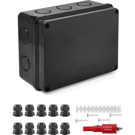 Boîte de Jonction IP65 en Saillie 15x11x7cm Boîte de Jonction Étanche Exterieur en Saillie Jardin Pièce Humide en Saillie Boite de Derivation Electrique M20 pour Câble Ø6-12 MM -10 Voies- Noir (1/5)