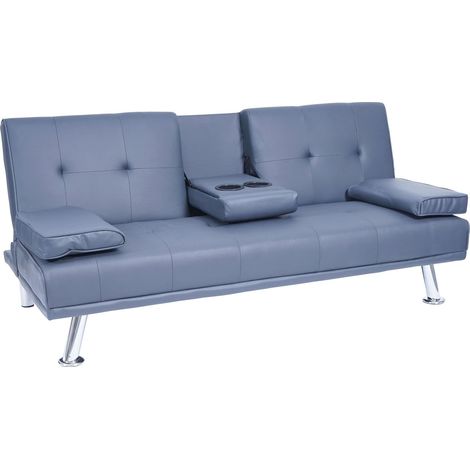 3er-Sofa HHG-179, Couch Schlafsofa Gästebett, Tassenhalter verstellbar 97x166cm Kunstleder, dunkelblau (1/5)