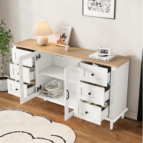 Credenza 150x40x75 cm bianco e effetto legno in MDF con 6 cassetti, 2 ante acriliche, LED e piedini alti (1/5)