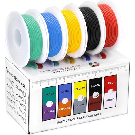 Kit de Fil Électrique Flexible - 22 AWG 0.32mm² 5 Coloris (10 Mètre Chacun) - Fil Cuivre Étamé Solide avec Isolation en Silicone (1/5)