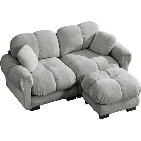 Canapé d'angle modulable 2 places en chenille gris clair avec ottomane mobile (1/5)