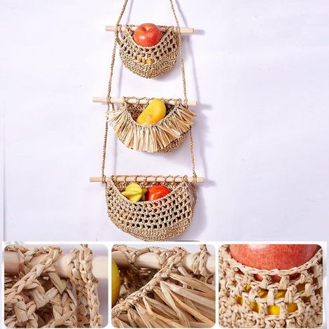 Corbeille à fruits suspendue, petite corbeille murale tissée, style bohème mignon (3 niveaux) (SKU produit : 97117259 SKU Offre : mkh25.8.18-13) (1/5)
