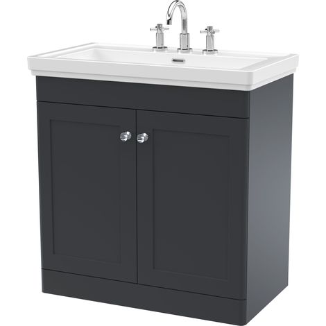 Nuie Classique Satin Soft Black 800mm 2 Door Vanity Unit and Classic Fireclay Basin with 3 Tap Holes - CLC1426B (1/3)