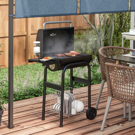 Barbecue charbon bois chariot BBQ étagères roulettes couvercle thermomètre cheminée métal, noir