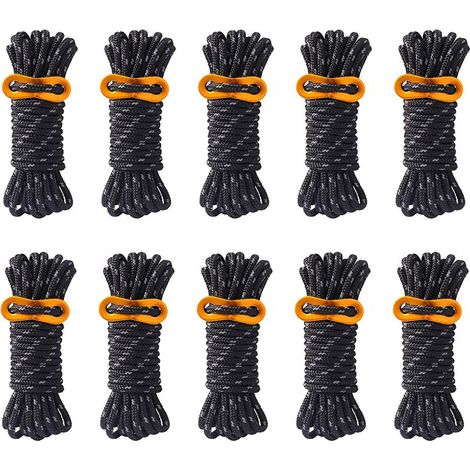 royaluxe -Lot de 10 cordes de camping réfléchissantes de 4 mm avec tendeurs de tendeur en aluminium pour tente de randonnée, bâche, abri d'auvent (noir) (1/5)