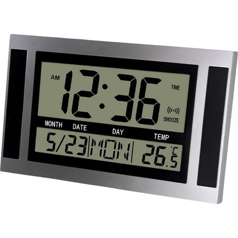 Wanduhr Digital LCD Große Zahlen Zeit Temperatur Kalender Wecker Tischuhr Modernes Bürodesign Büro Silber