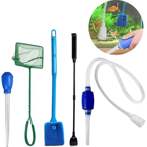 Kit de nettoyage d'aquarium 5 en 1 : nettoyeur de gravier, siphon, changeur d'eau avec compte-gouttes, grattoir à déchets, grattoir à algues, brosse éponge double face et épuisette.