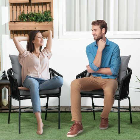 Chaises de jardin en acier noir lot de 2 avec coussins, assise tressée style bohème, 57 x 60 x 71 cm (1/5)