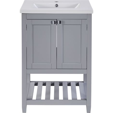 Meuble vasque simple avec meuble sous-vasque 60 cm et lavabo en céramique, gris clair (1/5)