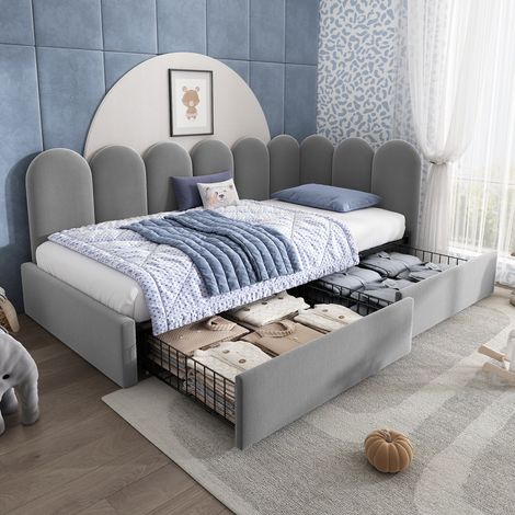 REDOM Lit simple 90x200 cm, avec tiroirs, velours, sommier à lattes, gris adapté aux enfants(sans matelas) (1/5)