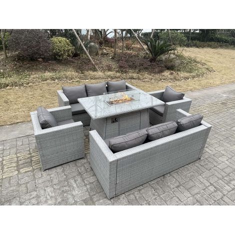 Fimous Light Grey Rattan Garden Furniture Set Gas Fire Pit Dining Set Heater Burner Lounge Sofa Chairs Outdoor (1/5)