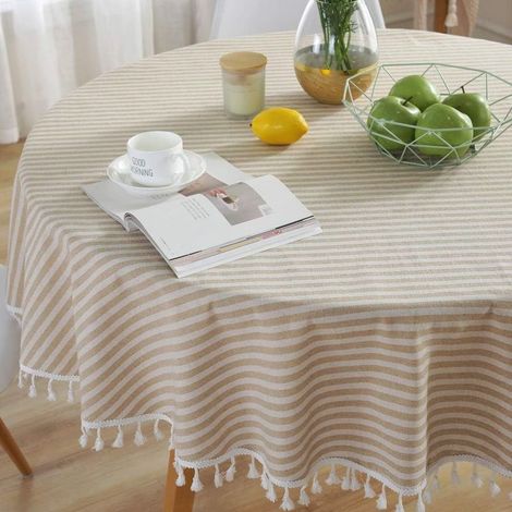 Tischdecke aus Baumwolle und Leinen für runden Tisch, mit gestreiften Fransen, Staubschutz für Küche, Esstisch, Tischdekoration (rund, 150 cm) (1/5)