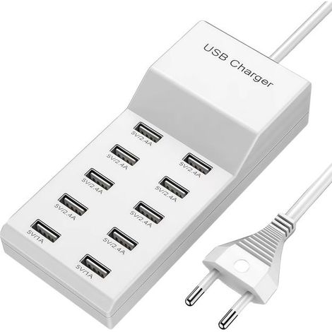 50-W-Multi-USB-Ladegerät, 10-Port-Ladestation, Einzelport 5 V/2,4 A/1 A, USB-Netzteil für iPhone, iPad, Samsung, Galaxy, Pixel – Weiß (1/5)