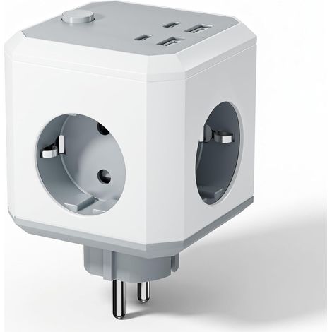 Cube Multiprise 8-en-1 avec Interrupteur, 4 Prises avec 2 USB-A et 2 USB-C, Multiprise Cube Murale 16A 4000W avec Interrupteur pour Bureau, Maison et Voyage (1/5)