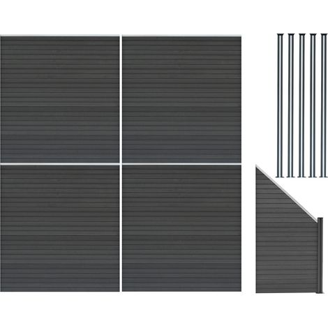 Kit Clôture Panneaux en Bois Composite Gris 4 Quadratique et 1 Incliné 185 H x 772 cm L & 5 Poteaux en Aluminium à LED Solaires Lames à Emboîter Texture Bois Reversible PVC Brise-Vue Extérieur Jardin