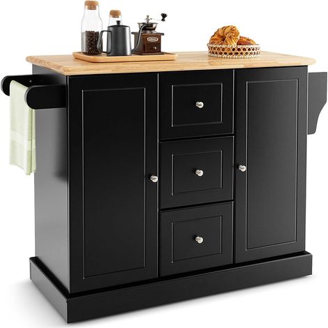 Costway – Desserte de cuisine mobile en bois de caoutchouc – 5 roulettes cachées – 2 armoires fermées avec étagères réglables – 3 tiroirs profonds – 127 x 46 x 91 cm (Noir) (1/5)