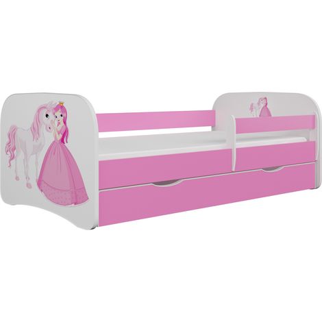 Lit enfant princesse rose debout et cheval avec sommiers et barrière de sécurité amovible Drimy-70x140 (1/5)