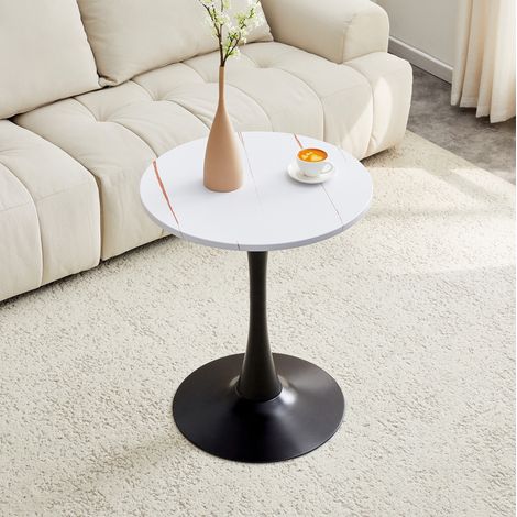 Mesa auxiliar redonda de 60 cm estilo Mid-Century, tablero MDF blanco veteado, pie negro (1/5)