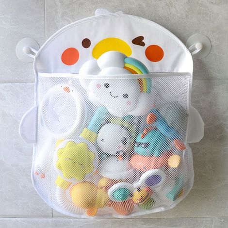 Sac de rangement pour jouets de bain avec ventouse motif canard blanc, idéal pour séchage et organisation dans la salle de bain. (1/5)