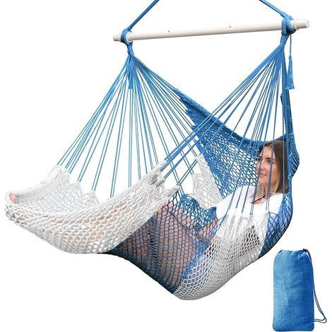 Hand Woven Cotton Hammock Chair 240cm Rope Hanging Seats with Heavy Duty Metal Spreader Bar Removable Mesh Seat Breathable Easy to Carry Storage Bag (1/5)