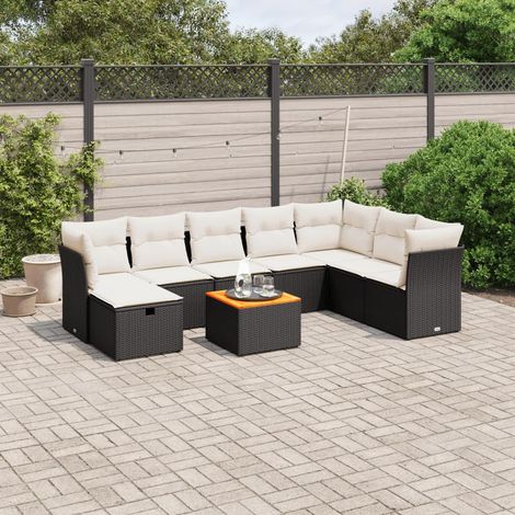 Salon de Jardin 9 Pièces Noir Résine Tressée avec Table Acacia et Coussins Crème - Ensemble Modulaire Jardin Terrasse (1/4)