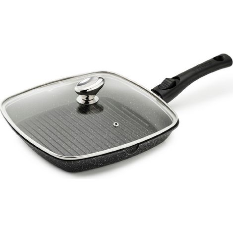 Poêle Grill PREMIUM 28 x 28 CM Fonte d'Aluminium Manche Amovible avec Couvercle en Verre - Pradel (1/2)