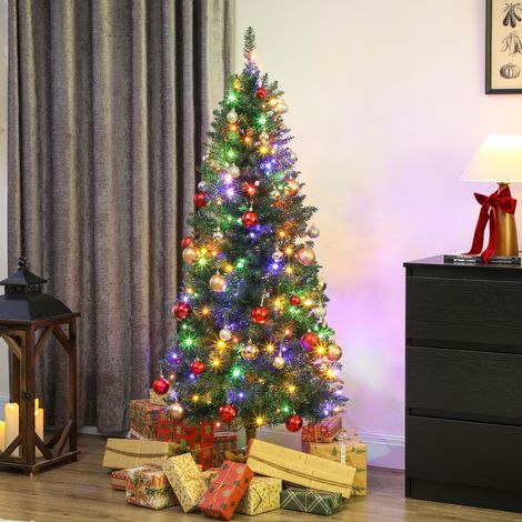 Sapin Noël artificiel 150 cm fin 170 lumières 635 pointes support métal pliable vert (1/5)