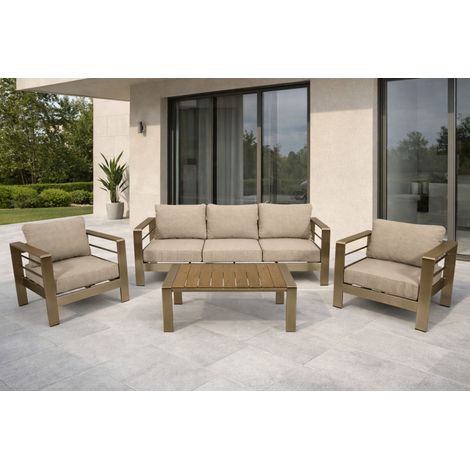 CANNES: Lounge Set  (1x Sofa 207cm, 2x Sessel, 1x Loungetisch 106x60cm)  Aluminium gebürstet, Armlehnen Kunstholz braun, mit Polsterauflagen hellgrau