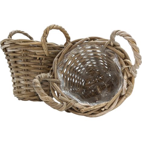 Weide Pflanzkorb 2er Set grau - 20 cm / mini - Holz Blumenkorb mit Henkel - Natur Garten Deko Rattan Blumentopf