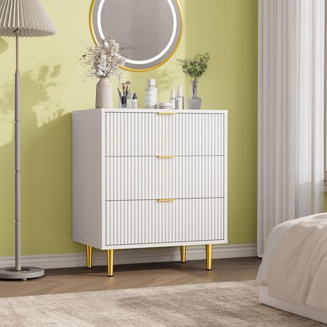 Commode de Chambre à 3 Tiroirs, Commode en Bois Moderne à Façade Cannelée, Table de Chevet avec Poignées, Pieds en Métal, pour Chambre, Salon, Entrée (1/5)