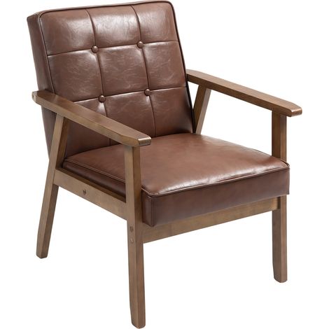 Fauteuil salon tapissé PU marron, accoudoirs, cadre bois caoutchouc, charge 120kg (1/5)