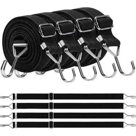 Tendeur Élastique - Lot de 4 - Caoutchouc Et Nylon - Fixation Sécurisée - Vélo Camping Bache - 200cm Noir (1/5)