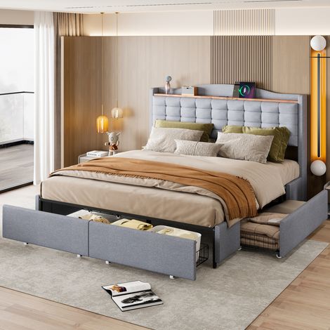 Cama tapizada 160x200 cm gris, tela de lino con USB y 4 cajones (1/5)