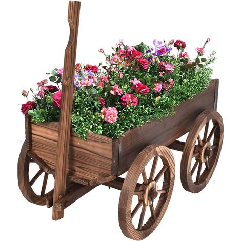 COSTWAY Blumenwagen Holz, Pflanzwagen mit 4 Raedern, Blumenkarre Pflanztopf Bollerwagen Garten Dekoration braun 120x43x53,5cm (1/5)