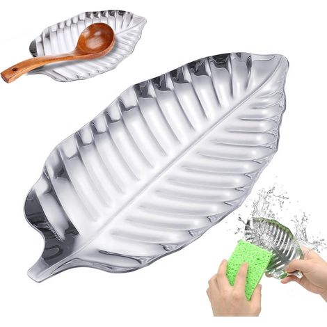 Reposacucharas de cocina, soporte para cucharas de cocina de acero inoxidable plateado, pequeño soporte para cucharas de cocina en forma de hoja para cucharones, pinzas y espátulas.