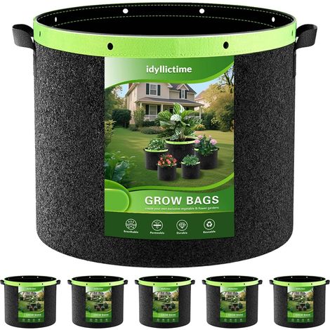 Sacs à Plantes Lot de 6 2MM 400G Pots en Tissu Non Tissé épais et Résistants Jardin Plante Tissu (Noir, 37L) (1/5)