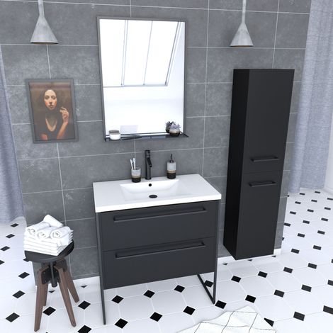 Set mobile bagno 80x50 cm Nero - 2 cassetti - lavabo bianco - specchio - colonna sospesa