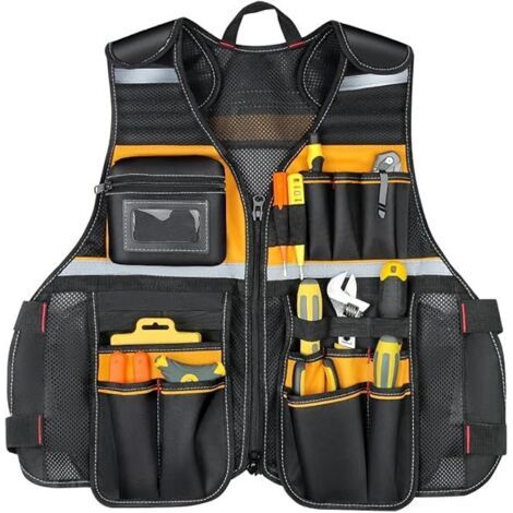 Gilet de travail multipoches en tissu Oxford 600D – Gilet réfléchissant ajustable pour électricien, charpentier – Dimensions 62 x 60 x 3 cm – Jaune/noir (1/5)