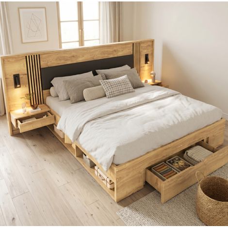 Letto matrimoniale moderno in MDF naturale 160x200/180x200 cm con testiera imbottita, luci orientabili, cassetto e vani contenitore