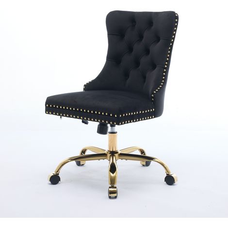 Chaise de bureau moderne en velours capitonné avec base en métal doré, chaise de bureau pivotante réglable (noir), DE1923BK