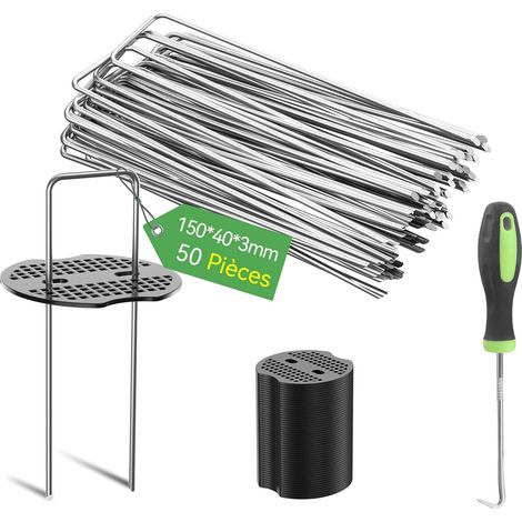 50Pcs 15cm Piquets de Jardin Ø 3mm avec 50Pcs de Joint - Agrafes en Acier Galvanisé pour Fixer Toiles Anti-Mauvaises Herbes, Filets et Les Tubes avec 1 Crochet de Ramassage (1/5)