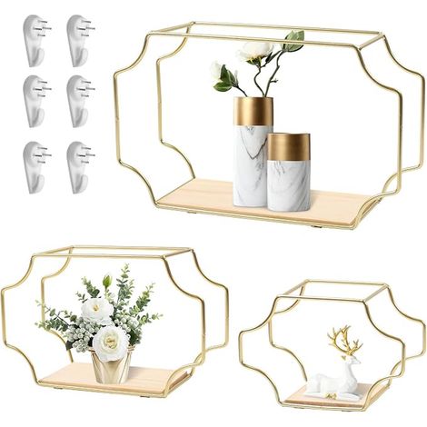 Metal Irregular Rectangle Wall Shelves Floating Gold Geometric Hanging Shelf with Wood Veneer for Living Room Bedroom (1/4)