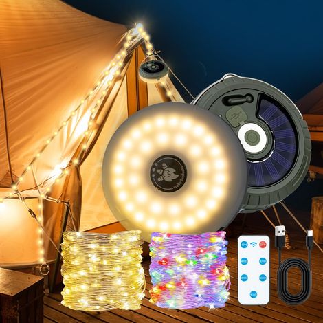 Wigearss 10M Guirlande Lumineuse Solaire de Camping, 5 Modes d'Éclairage, Chargement Solaire et USB, Guirlande LED Camping avec Télécommande, IP44, Lampe Étanche Extérieure pour Tente, Jardin, Fête (1/5)
