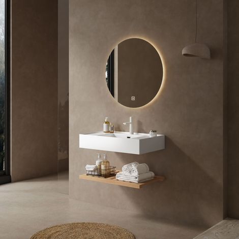 Meuble de salle de bain de 75 cm avec vasque, vasque murale rectangulaire blanche en acrylique, étagère rayée, robinetterie non incluse, coloris bois naturel. (1/5)