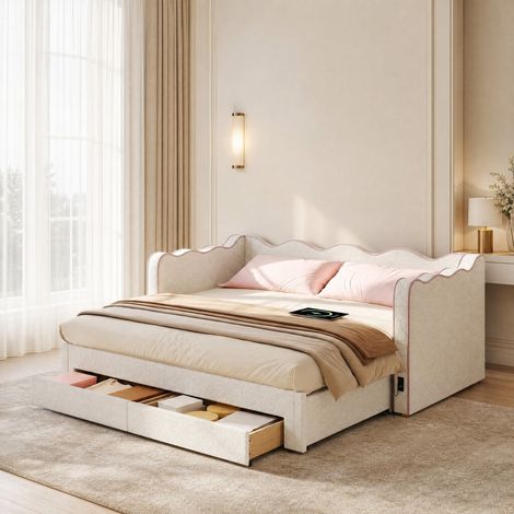 Cama nido tapizada beige bouclé 90x200 cm, extensible a 180x200, con 2 cajones, USB y Type-C (1/5)