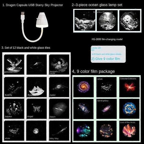Veilleuse projecteur de ciel étoilé USB, luminosité réglable, veilleuse projecteur de ciel étoilé galaxie, convient aux voitures et aux chambres, 24 films de projection de ciel étoilé. (1/4)
