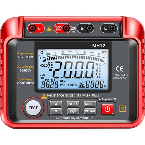 – Digitales Isolationsmessgerät MH12 1000V – Messbereich 0,1 MΩ bis 20 GΩ – 2000-stellige LCD-Anzeige – Schutzart IP54 (1/5)
