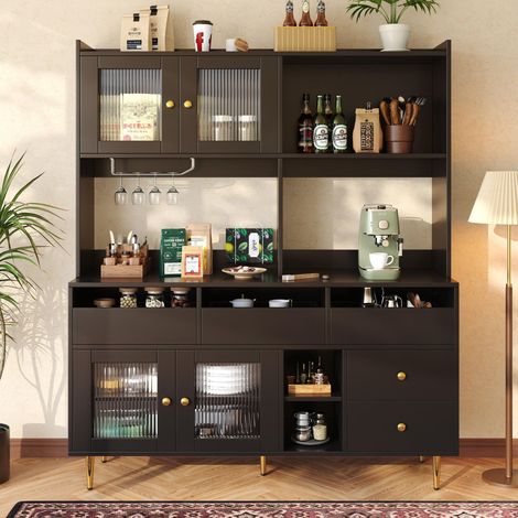 Esszimmer Hochschrank mit Lochglastüren,Weinglasregal und Stauraum in elegantem Schwarz mit Golddekor,ideal für Esszimmer 145x39x171cm (1/5)